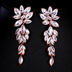 18k Rose Gold Plated Cubic Zirconia Bridal Drop Wedding Statement Earrings